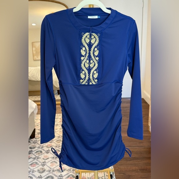 Cabana Life Blue Embroidered Convertible Ruched Swim Top Dress Rashguard- Size M - Picture 6 of 9